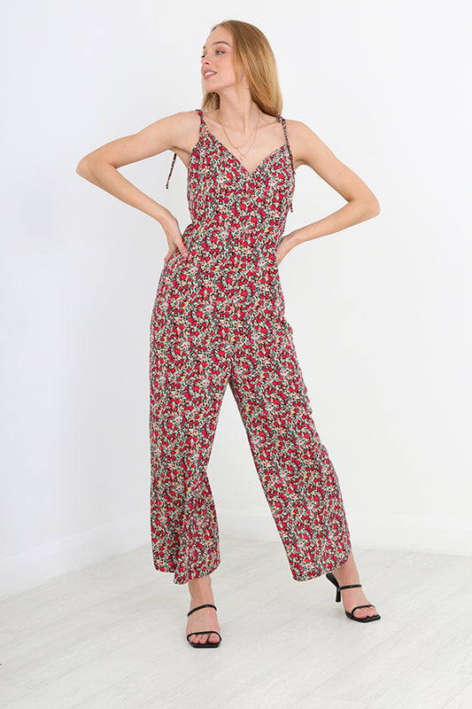 Floral Print Spaghetti Tie Strap V-Neck Jumpsuit