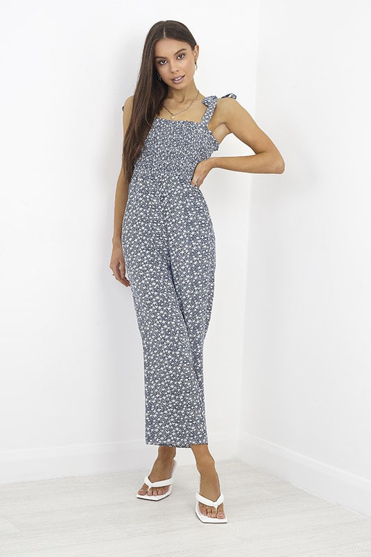 Blue And White Floral Tie Strap Detail Jumpsuit