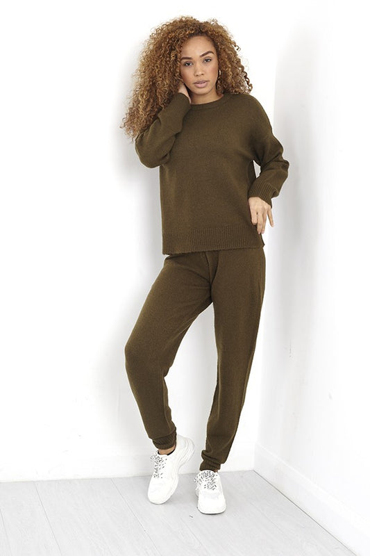 Khaki Crew Neck Long Sleeve Tpiece Knitted Set