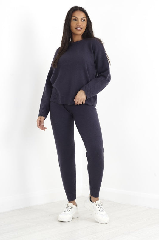 Dark Slate Grey Crew Neck Knitted Tpiece Set