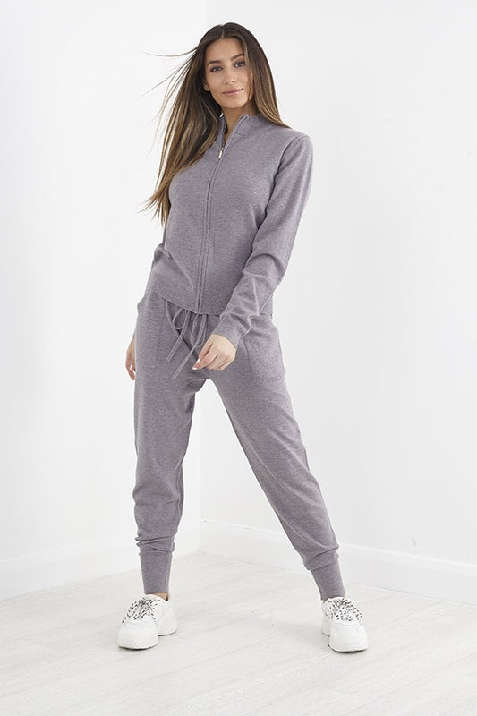Mid Grey Melange Zip Through Knitted Tpiece Set