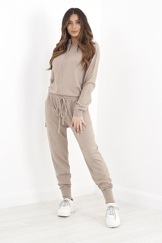 Taupe Zip Through Long Sleeve Tpiece Knitted Set