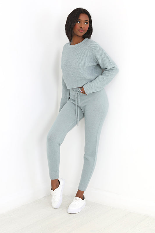 Dusty Sage Green Ribbed Knitted Tpiece Set