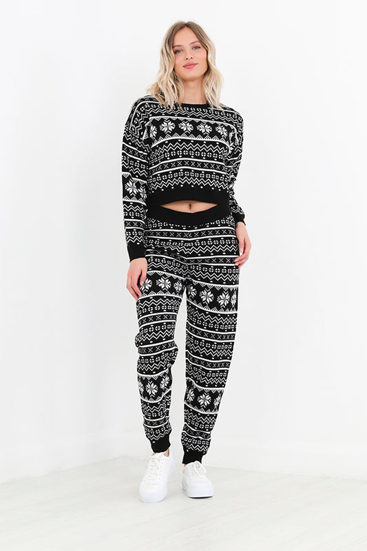 Black Jacquard Christmas Fairisle Design Knitted Set