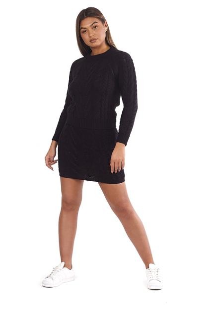 Black Ribbed Knit Detail Jumper & Skirt Set