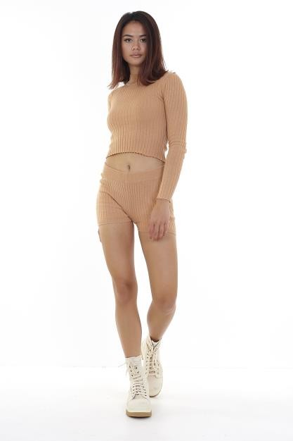 Camel Ribbed Knit Crop Top And Shorts Co-Ord Set