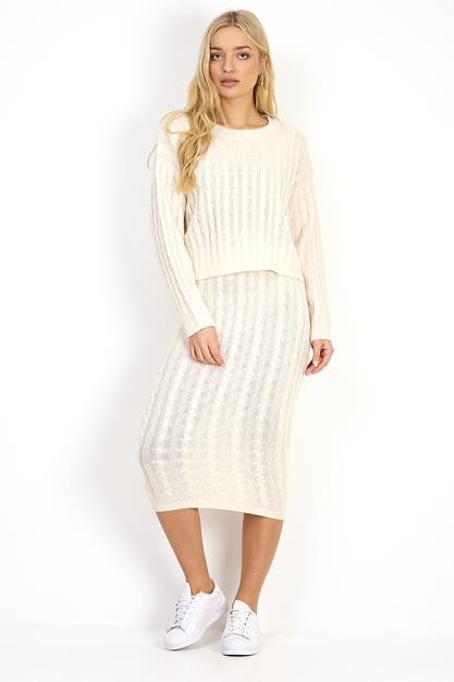 Ivory All Over Cable Knit Midi Skirt And Jumper Set