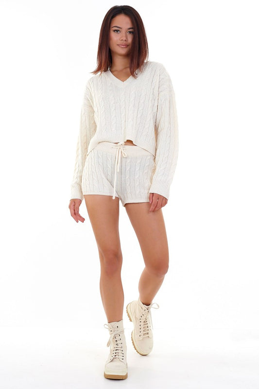 Cream Cable Knitted Jumper And Shorts Co-Ord Set