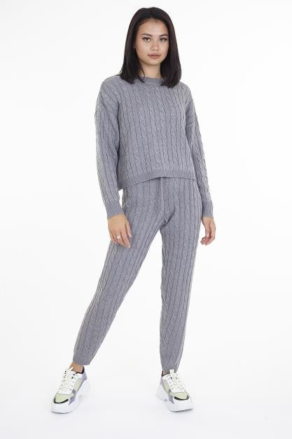 Grey Co-Ordinating Cable Knitted Jumper And Trouser