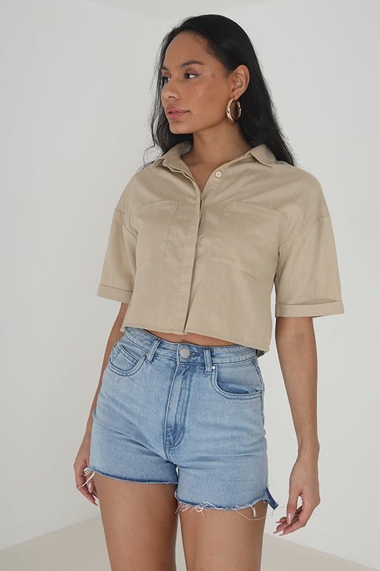 Sand Short Sleeve Cropped Patch Pocket Shirt