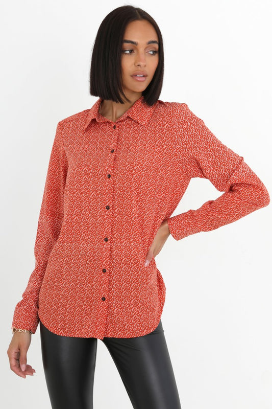 Tiny Heart Print Rust Button Through Shirt