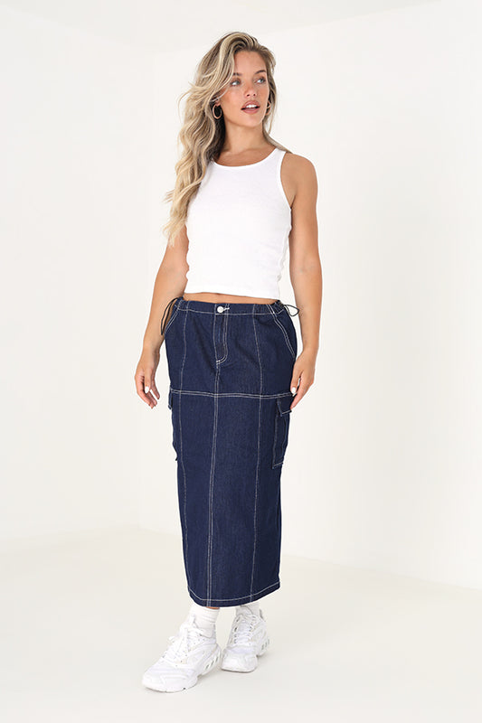 Denim Utility Midi Skirt