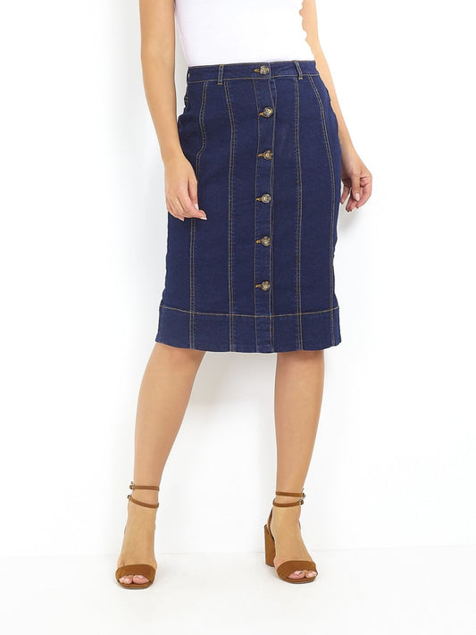 Striped Midi Button Through Denim Skirt