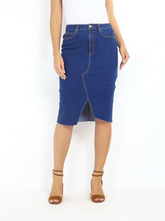 Raw Edge Midi Denim Skirt