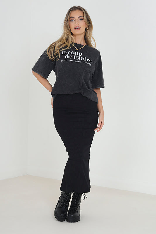 Wholeasle Black Slit Detail Basic Ribbed Midi Skirt