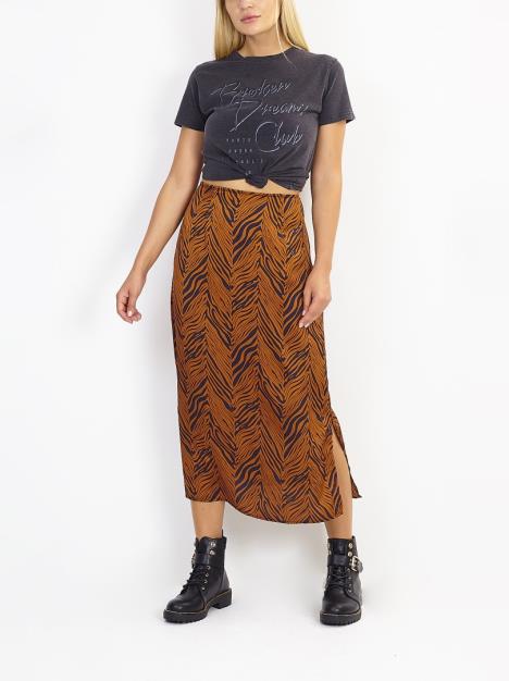 Brown/Black Printed Side Split Midi Skirt