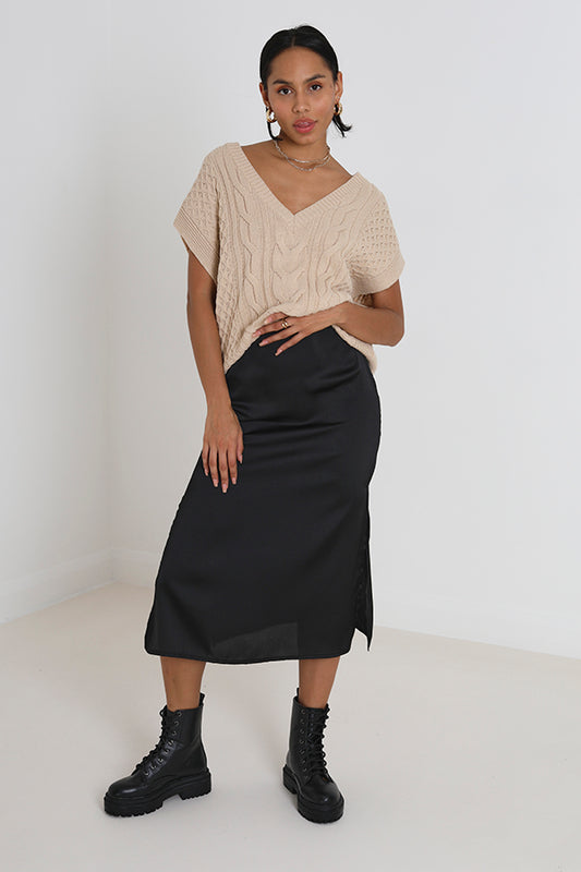Black Midi Length High Waisted Woven Skirt