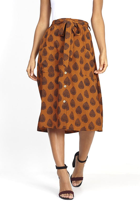 Mustard Leaf Print Belted Midi Skirt