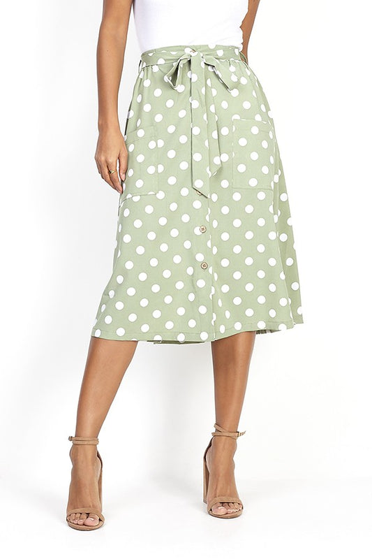 Green Polka Dot Print Belted Midi Skirt