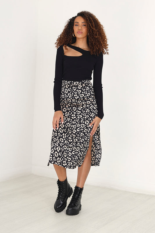 Black Floral Print High Waisted Midaxi Skirt