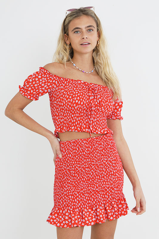 Red Ditsy Floral Print Frill Detail Mini Skirt