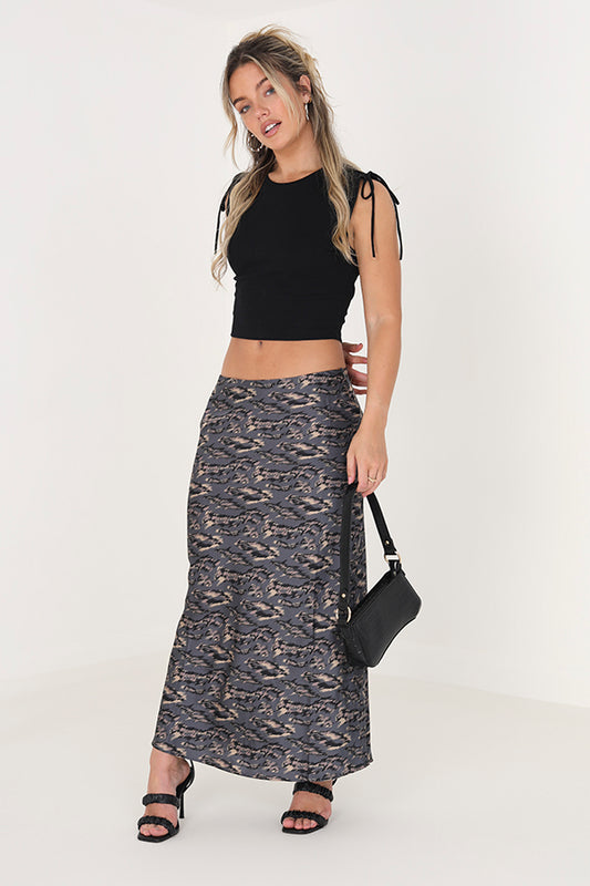 Bias Cut Satin Printed Skirt
