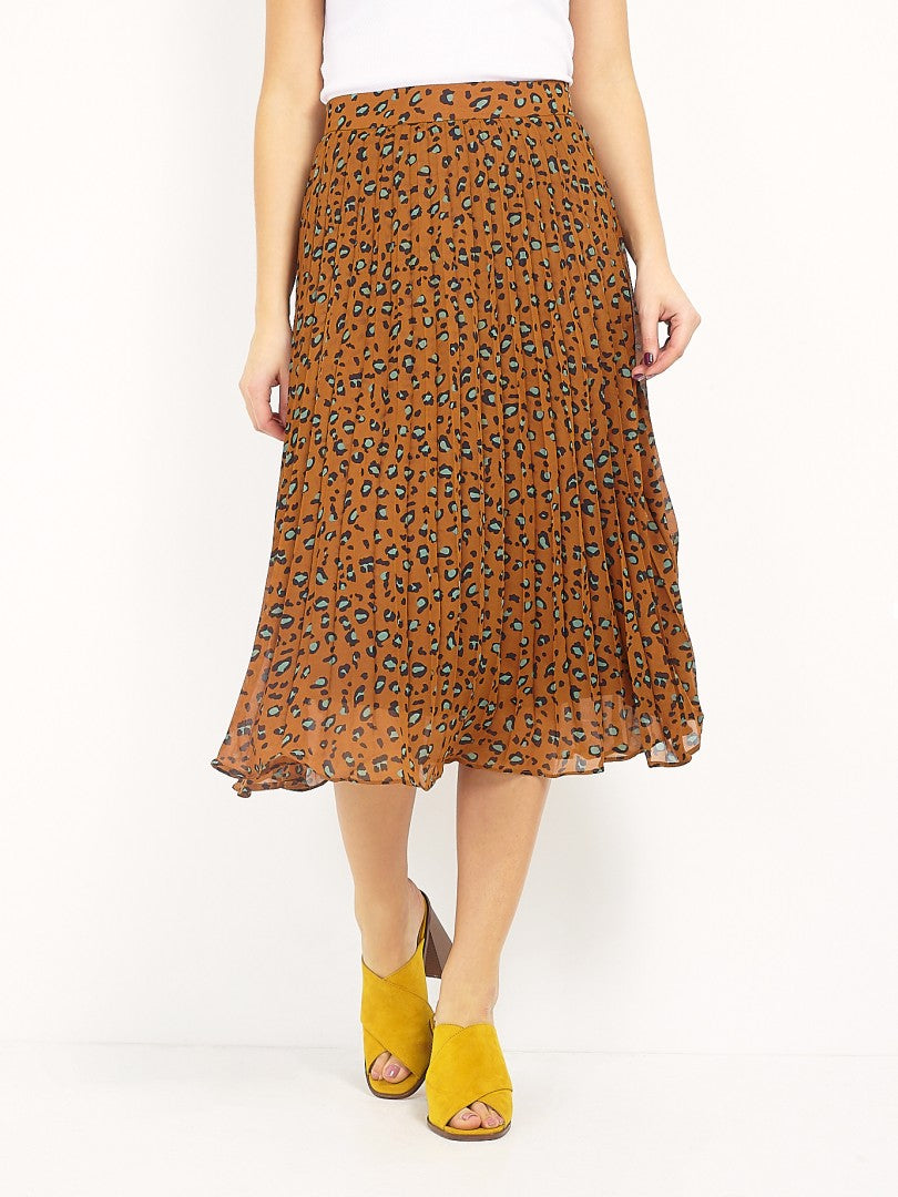 Mustard Leopard Print Pleated Midi Skirt