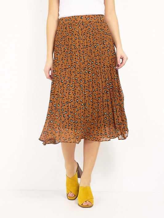 Mustard Leopard Print Pleated Midi Skirt