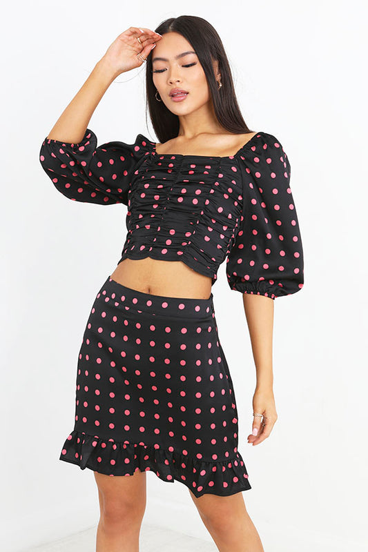 Black And Pink Spot Print Frill Hem Skirt