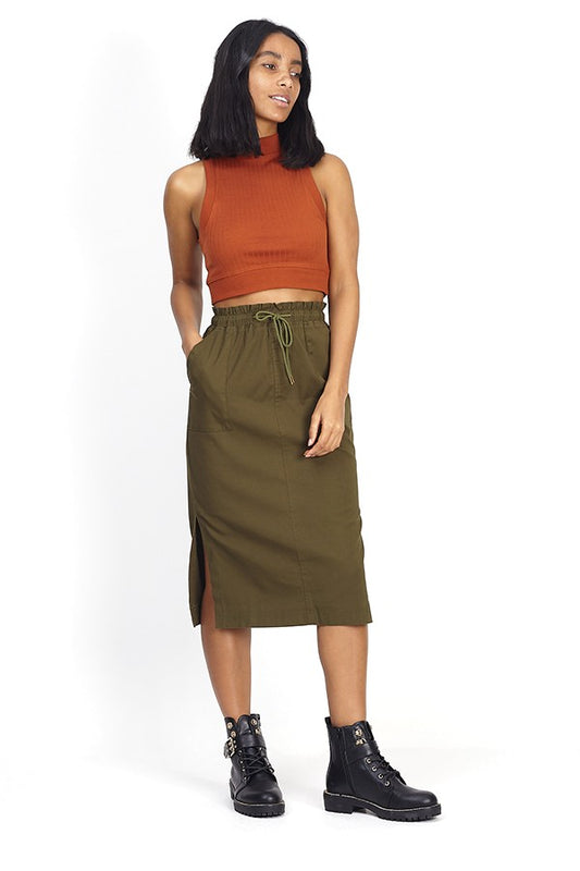 Khaki Drawstring Waist Midi Skirt With Side Splits