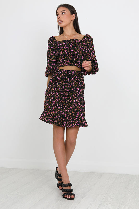 Black And Pink Floral Print Frill Hem Skirt
