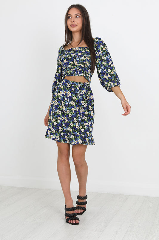 Blue Floral Print Frill Detail Belted Skirt