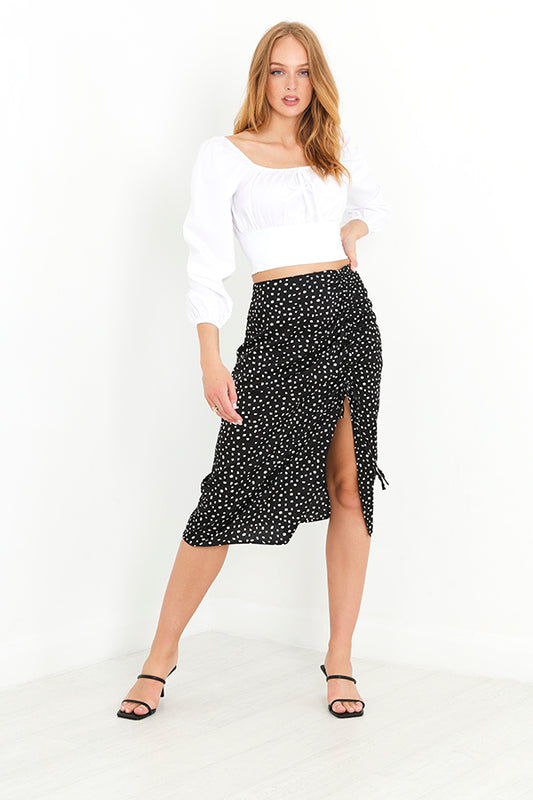 Black And White Spotty Printed Gathered Midi Skirt