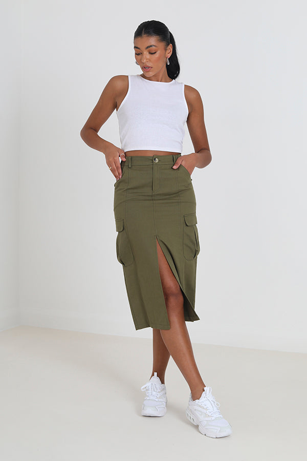 Khaki Cargo Style Front Slit Midi Denim Skirt