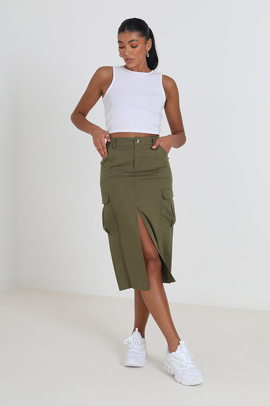 Khaki Cargo Style Front Slit Midi Denim Skirt