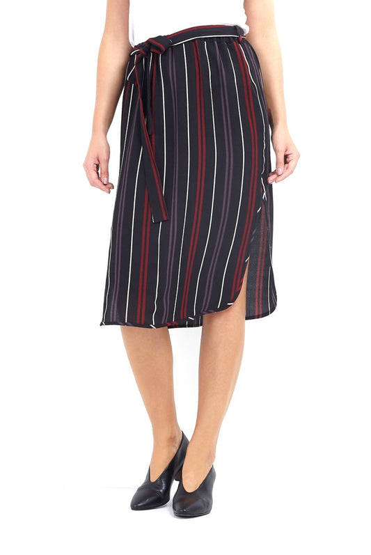 Striped Tie Waist Midi Skirt