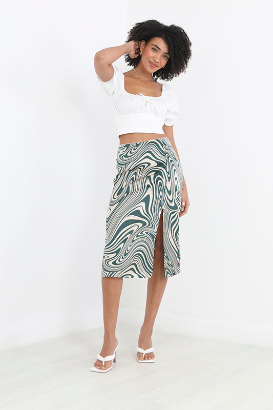 Swirl Print Button Detail Side Split Midi Skirt