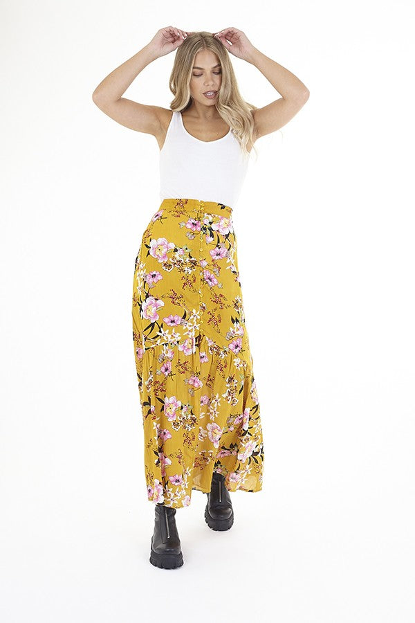 Yellow Floral Print Frill Detail Maxi Skirt