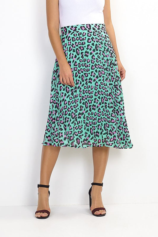 Bright Leopard Print Pleated Midi Skirt