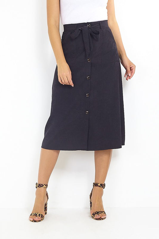 Belted Button Up Black Midi Skirt