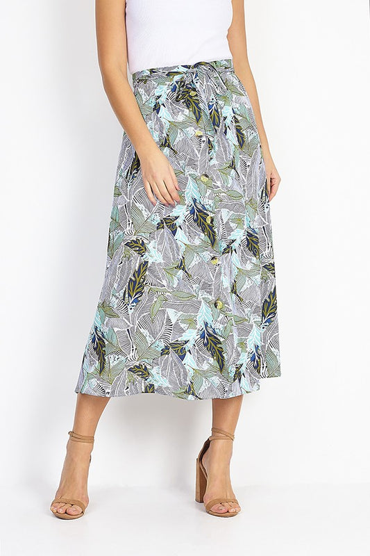 Feather Print Button Through Midi Skirt With Belt