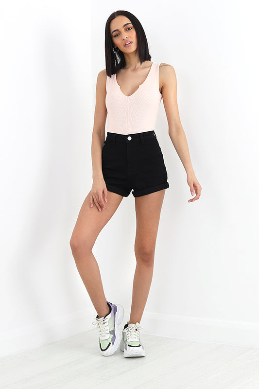 High Rise Black Denim Mini Shorts
