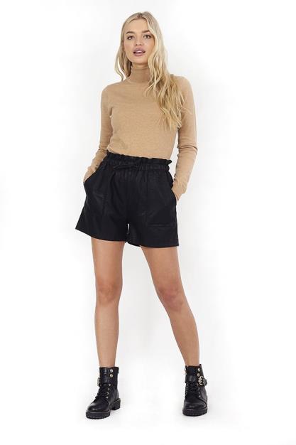 Black Paperbag Waist Faux Leather Shorts