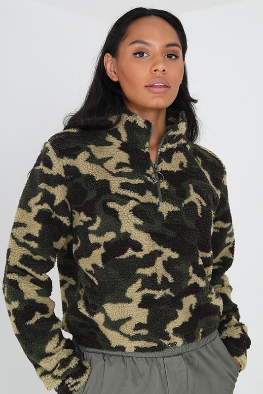 Camo Funnel Neck Quarter Zip Borg Sweatshirt