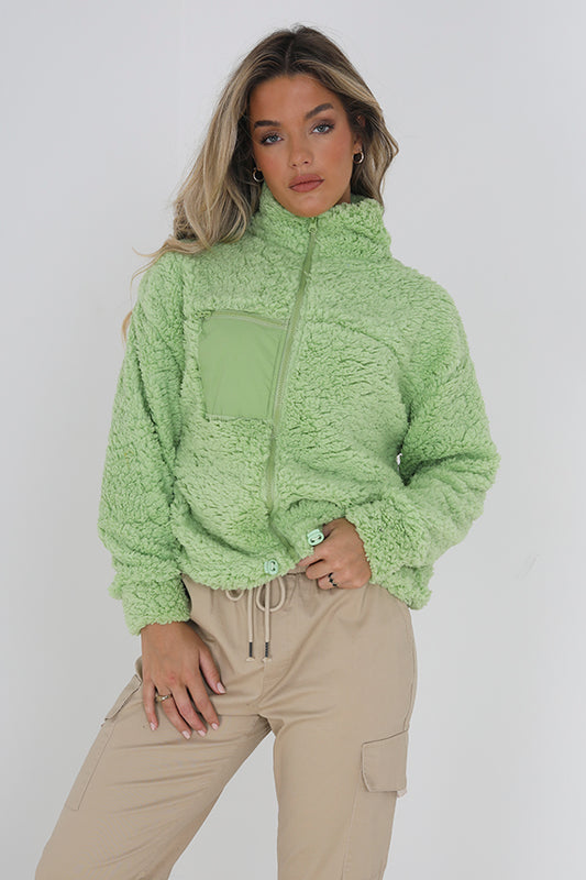 Green Fleece Funnel Neck Zip Through Sweatshirt