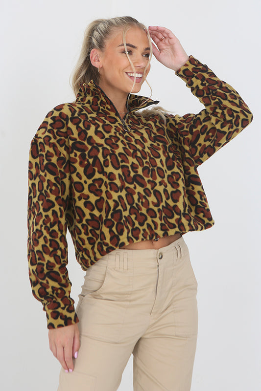 Animal Print Funnel Neck Polar Fleece Sweatshirt