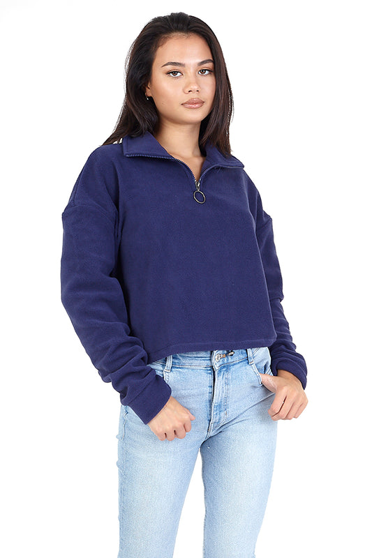 Dark Navy Zip Detail Cropped Polar Fleece Sweatshirt