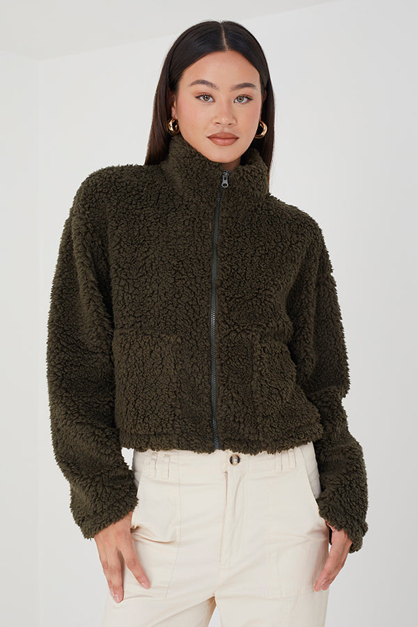 High Neck Zip Through Fleece Sweat-Shirt