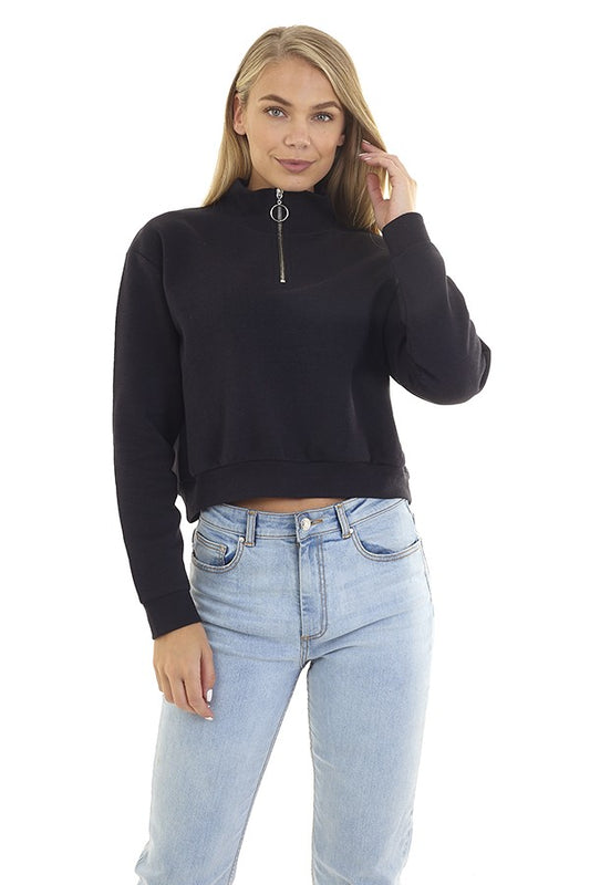 Black Zip Funnel Neck Fleece Sweatshirt