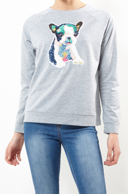 Sequin Dog Patch Crew Neck Sweatshirt